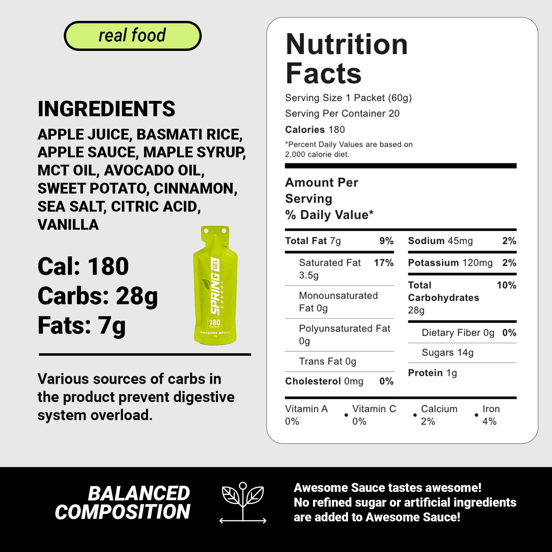Real Food Energy Gel Vegan GI Friendly Multiple Flavors Pack Sizes