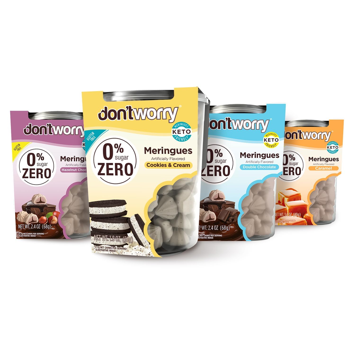 Don't Worry Meringue Cookies, Hazelnut, Cookies & Cream, Chocolate, Caramel